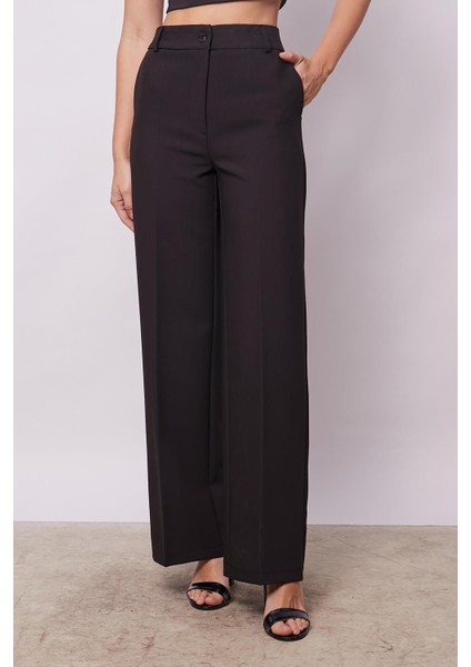 Yüksek Bel Yan Cepli Bol Paça Palazzo Pantolon -Siyah modelleri