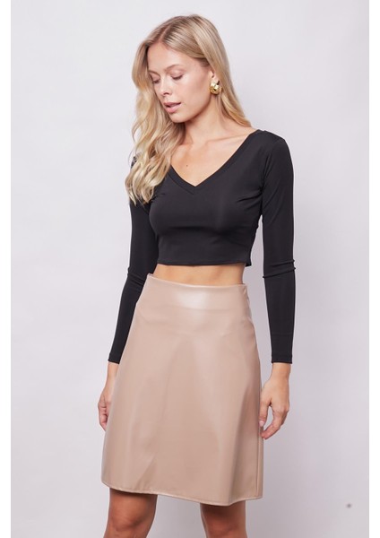 Kadın Hafif Likralı Deri Yüksek Bel Diz Boy Çan Etek-Bej fırsatları