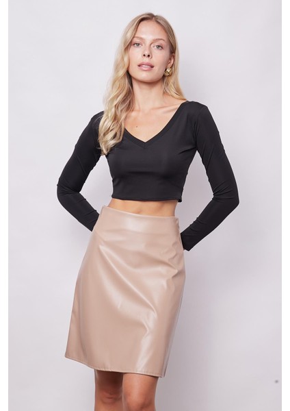 Kadın Hafif Likralı Deri Yüksek Bel Diz Boy Çan Etek-Bej indirimleri