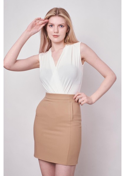 Kadın Yüksek Bel Flato Cep Görüntülü Hafif Likralı Kumaş Kısa Kalem Etek-Camel fiyatları