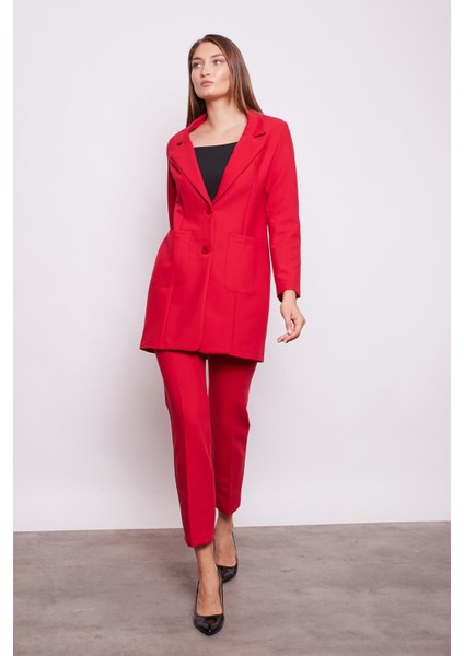 Yüksek Bel Yan Cepli Boru Paça Hafif Likralı Bilek Boy Kumaş Ofis Pantolon-Kırmızı