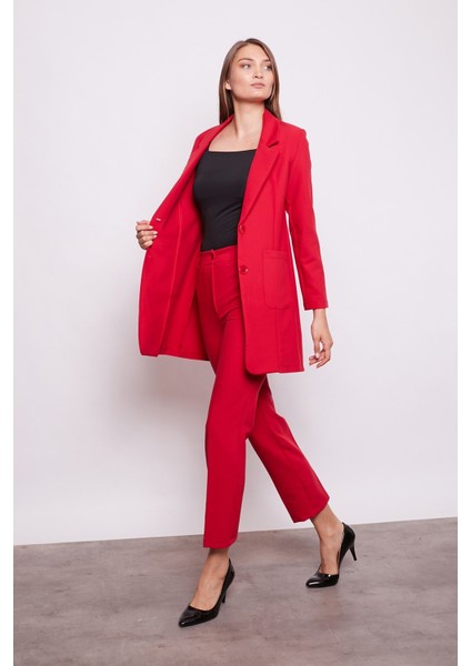 Yüksek Bel Yan Cepli Boru Paça Hafif Likralı Bilek Boy Kumaş Ofis Pantolon-Kırmızı fiyatları