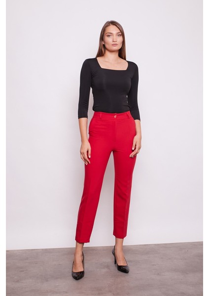 Yüksek Bel Yan Cepli Boru Paça Hafif Likralı Bilek Boy Kumaş Ofis Pantolon-Kırmızı modelleri