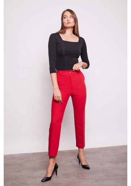 Yüksek Bel Yan Cepli Boru Paça Hafif Likralı Bilek Boy Kumaş Ofis Pantolon-Kırmızı fırsatları