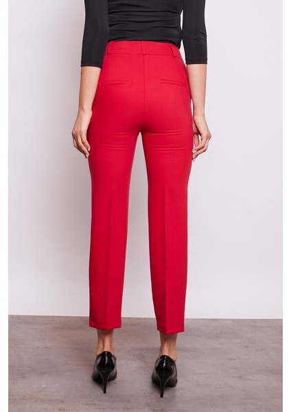 Yüksek Bel Yan Cepli Boru Paça Hafif Likralı Bilek Boy Kumaş Ofis Pantolon-Kırmızı indirimleri
