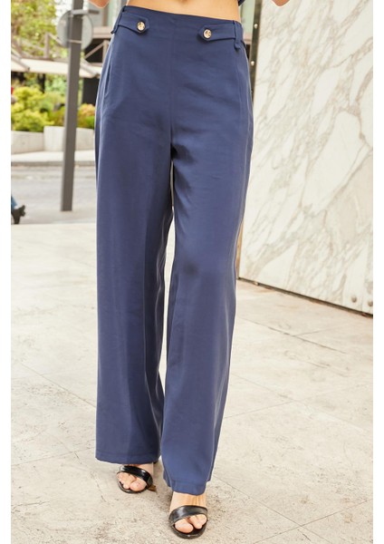 Kadın Ipeksi Modal Kumaş Yüksek Bel Beli Lastikli Apoletli Yan Cepli Bol Paça Palazzo Pantolon-Lacivert fiyatları