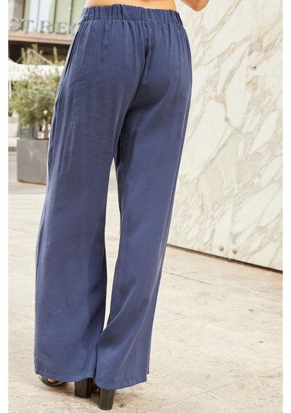 Kadın Ipeksi Modal Kumaş Yüksek Bel Beli Lastikli Apoletli Yan Cepli Bol Paça Palazzo Pantolon-Lacivert modelleri