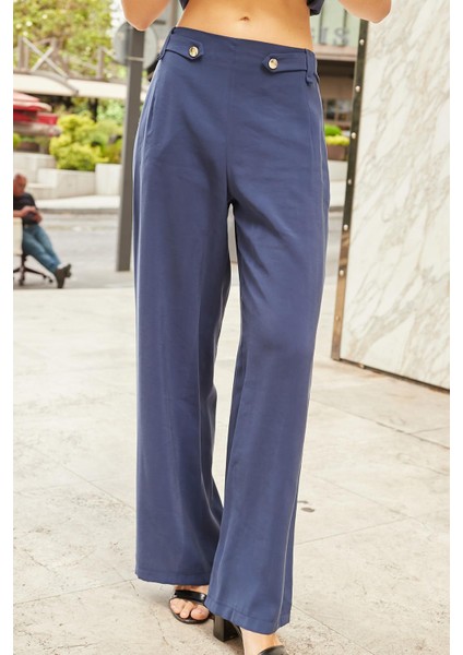 Kadın Ipeksi Modal Kumaş Yüksek Bel Beli Lastikli Apoletli Yan Cepli Bol Paça Palazzo Pantolon-Lacivert fırsatları