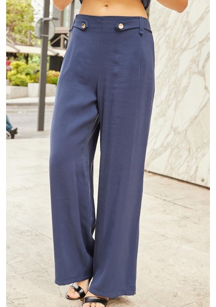 Kadın Ipeksi Modal Kumaş Yüksek Bel Beli Lastikli Apoletli Yan Cepli Bol Paça Palazzo Pantolon-Lacivert indirimleri