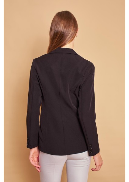 Yakalı Cep Kapaklı Uzun Kol Hafif Likralı Kumaş Ofis Blazer Ceket-Siyah indirimleri