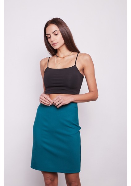 Yüksek Bel Diz Üstü Likralı Pamuklu Şık Kumaş Kalem Etek-Petrol modelleri