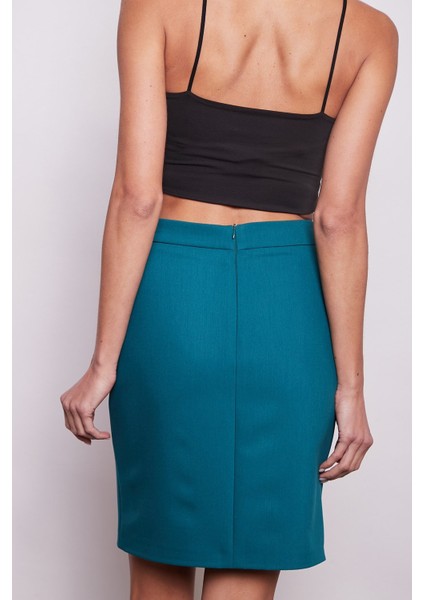 Yüksek Bel Diz Üstü Likralı Pamuklu Şık Kumaş Kalem Etek-Petrol indirimleri