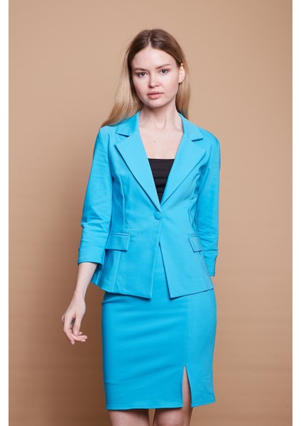 Astarlı Yüksek Bel Önden Yırtmaçlı Deri Kemerli Pamuklu Hafif Likralı Kumaş Kalem Etek(Kemer Dahil)-Turkuaz