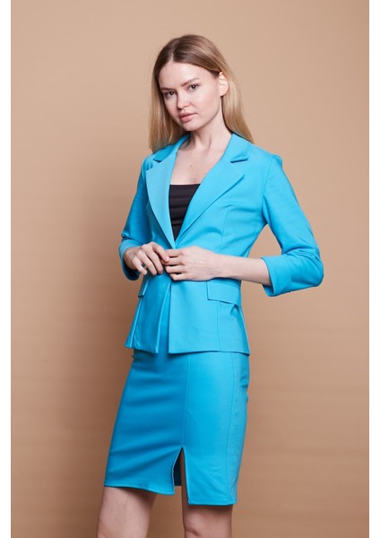 Astarlı Yüksek Bel Önden Yırtmaçlı Deri Kemerli Pamuklu Hafif Likralı Kumaş Kalem Etek(Kemer Dahil)-Turkuaz fiyatları