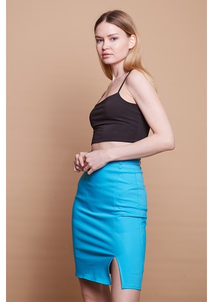 Astarlı Yüksek Bel Önden Yırtmaçlı Deri Kemerli Pamuklu Hafif Likralı Kumaş Kalem Etek(Kemer Dahil)-Turkuaz modelleri