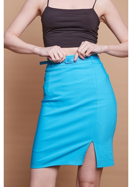 Astarlı Yüksek Bel Önden Yırtmaçlı Deri Kemerli Pamuklu Hafif Likralı Kumaş Kalem Etek(Kemer Dahil)-Turkuaz fırsatları
