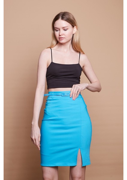 Astarlı Yüksek Bel Önden Yırtmaçlı Deri Kemerli Pamuklu Hafif Likralı Kumaş Kalem Etek(Kemer Dahil)-Turkuaz indirimleri