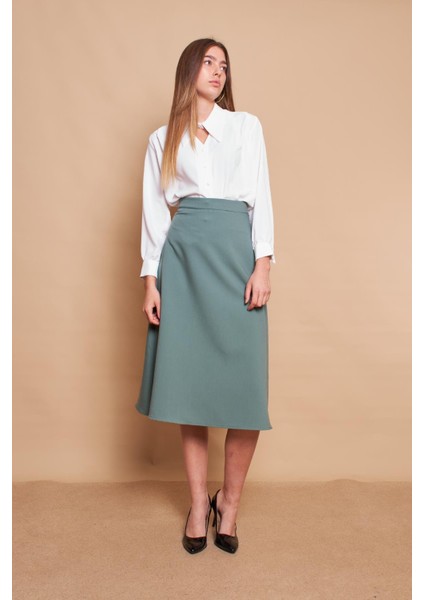 Kadın Yüksek Bel Diz Altı Hafif Likralı Kumaş Çan Etek-Çağla Yeşili