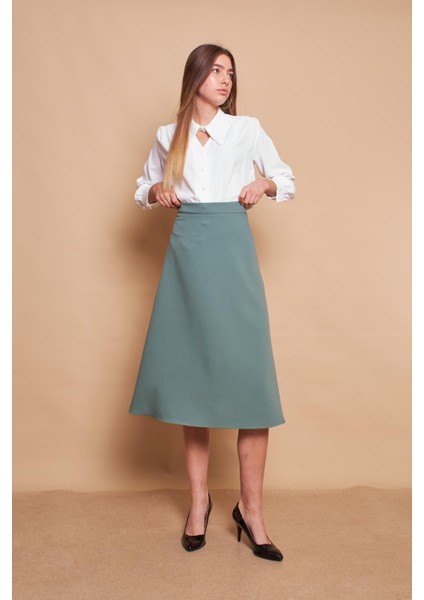 Kadın Yüksek Bel Diz Altı Hafif Likralı Kumaş Çan Etek-Çağla Yeşili fiyatları