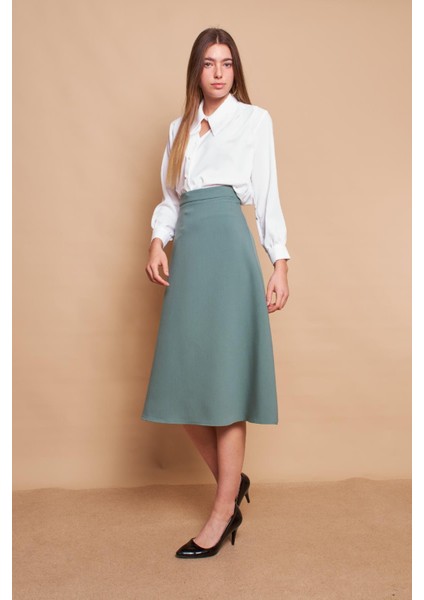 Kadın Yüksek Bel Diz Altı Hafif Likralı Kumaş Çan Etek-Çağla Yeşili modelleri