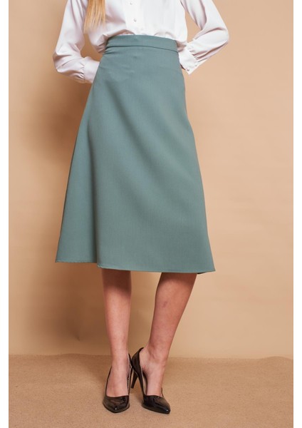 Kadın Yüksek Bel Diz Altı Hafif Likralı Kumaş Çan Etek-Çağla Yeşili fırsatları