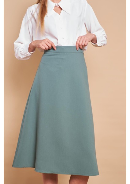 Kadın Yüksek Bel Diz Altı Hafif Likralı Kumaş Çan Etek-Çağla Yeşili indirimleri