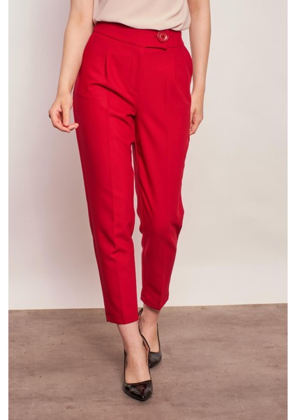 Yüksek Bel Kalın Kemerli Yan Cepli Pileli Havuç Paça Hafif Likralı Kumaş Pantolon-Bordo fiyatları