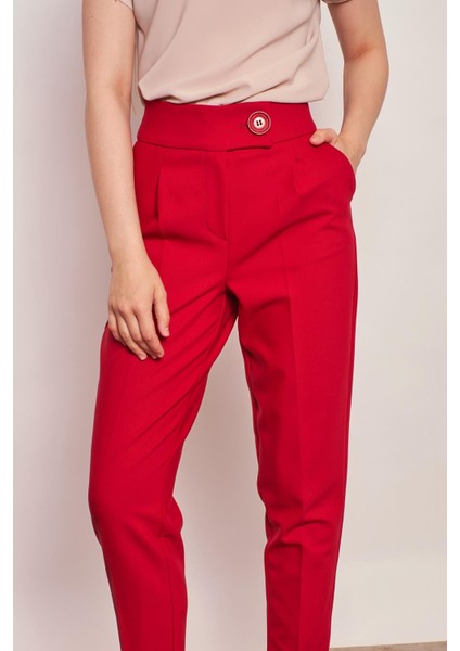 Yüksek Bel Kalın Kemerli Yan Cepli Pileli Havuç Paça Hafif Likralı Kumaş Pantolon-Bordo modelleri