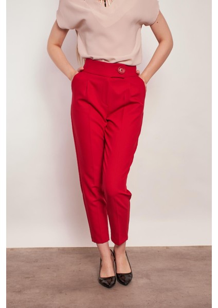 Yüksek Bel Kalın Kemerli Yan Cepli Pileli Havuç Paça Hafif Likralı Kumaş Pantolon-Bordo fırsatları