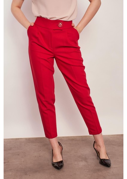 Yüksek Bel Kalın Kemerli Yan Cepli Pileli Havuç Paça Hafif Likralı Kumaş Pantolon-Bordo indirimleri