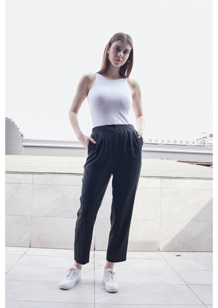 %100 Iyocell Akıcı Şık Kumaş Dökümlü Iç Göstermez Smart Yazlık Pantolon(Hırka Jument 60053)-SIYAH