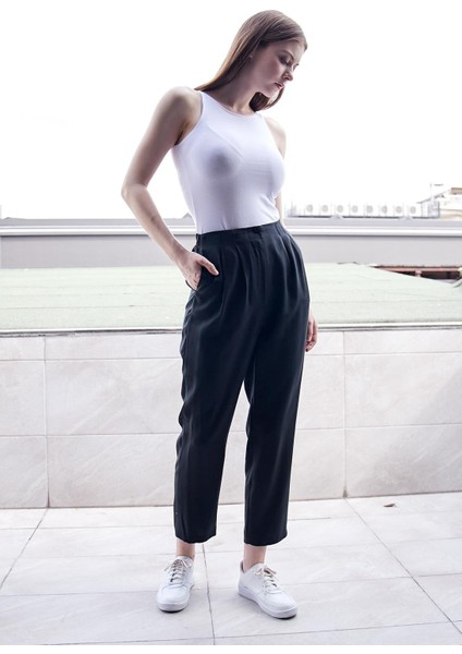 %100 Iyocell Akıcı Şık Kumaş Dökümlü Iç Göstermez Smart Yazlık Pantolon(Hırka Jument 60053)-SIYAH