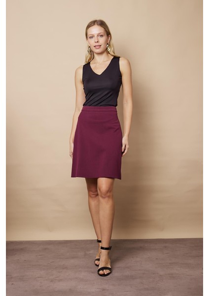 Yüksek Bel Hafif Likralı Kumaş Diz Boy Çan Etek-Mürdüm