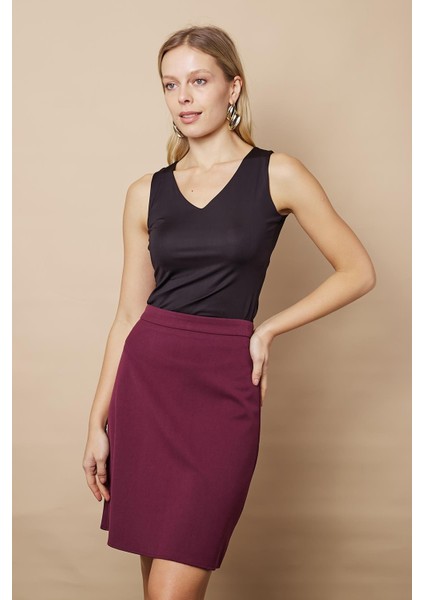 Yüksek Bel Hafif Likralı Kumaş Diz Boy Çan Etek-Mürdüm fiyatları