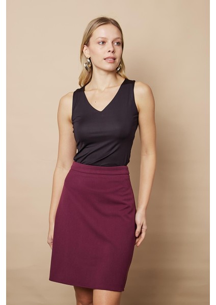 Yüksek Bel Hafif Likralı Kumaş Diz Boy Çan Etek-Mürdüm modelleri