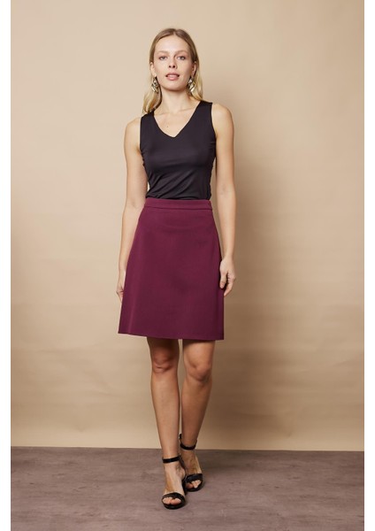 Yüksek Bel Hafif Likralı Kumaş Diz Boy Çan Etek-Mürdüm indirimleri