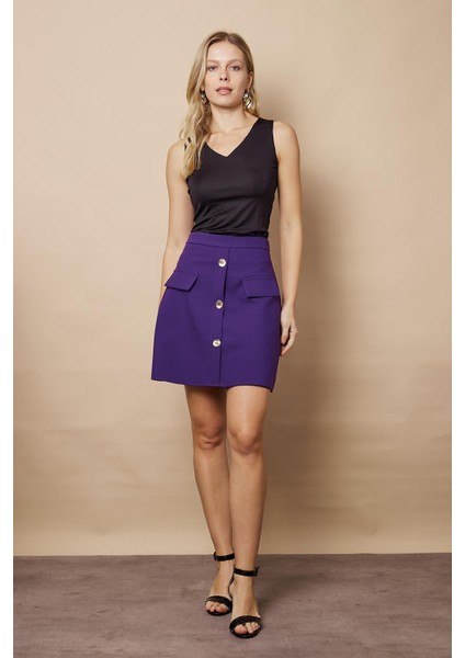 Kadın Diz Üstü Yüksek Bel Önü Düğmeli Cep Kapaklı Hafif Likralı Kumaş Çan Etek-Mor