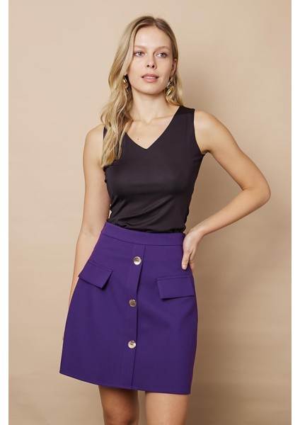 Kadın Diz Üstü Yüksek Bel Önü Düğmeli Cep Kapaklı Hafif Likralı Kumaş Çan Etek-Mor fırsatları