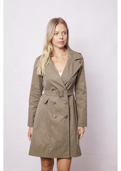 Kadın Cepli Kruvaze Anvelop Kemerli Hafif Likralı Kumaş Uzun Trençkot Ceket-Haki fiyatları