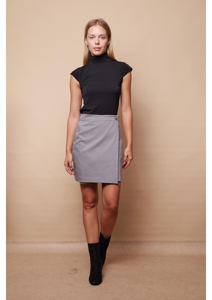 Kadın Yüksek Bel Kruvaze Model Hafif Likralı Şık Kumaş Ofis Kalem Etek-Gri fiyatları