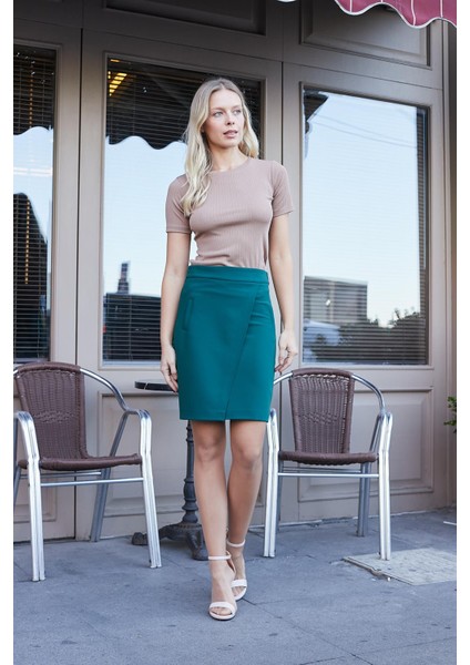 Yüksek Bel Anvelop Kruvaze Pamuklu Likralı Kumaş Kalem Ofis Etek -Zümrüt