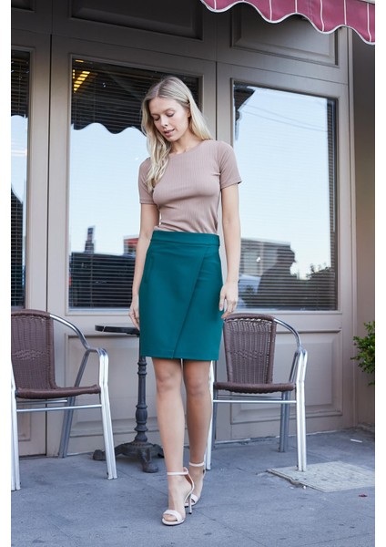 Yüksek Bel Anvelop Kruvaze Pamuklu Likralı Kumaş Kalem Ofis Etek -Zümrüt modelleri