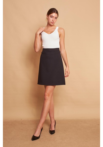 Yüksek Bel Hafif Likralı Kumaş Diz Boy Çan Etek-Siyah