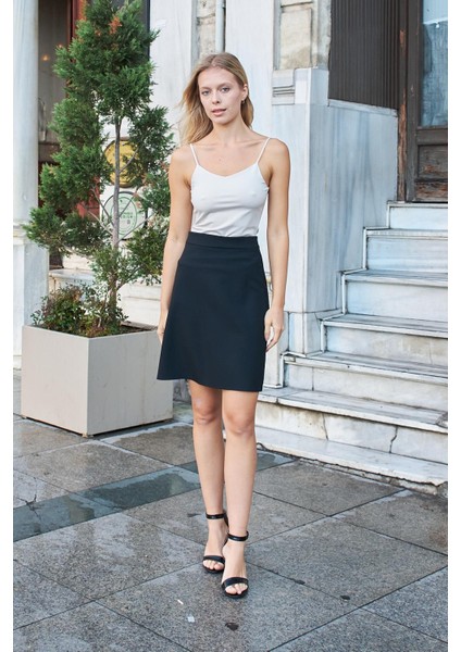 Yüksek Bel Hafif Likralı Kumaş Diz Boy Çan Etek-Siyah modelleri