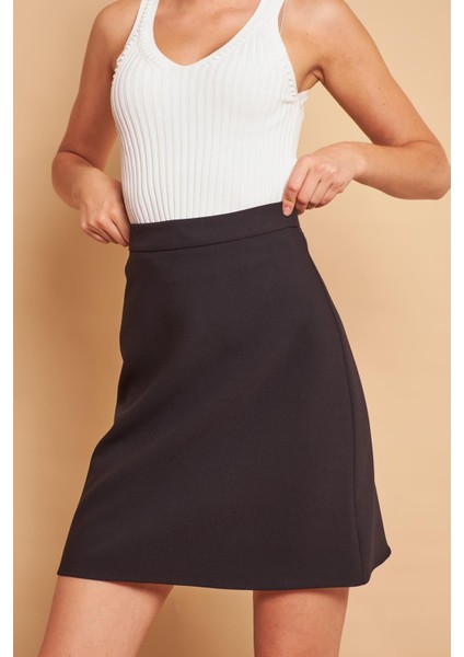 Yüksek Bel Hafif Likralı Kumaş Diz Boy Çan Etek-Siyah fiyatları