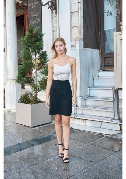 Yüksek Bel Hafif Likralı Kumaş Diz Boy Çan Etek-Siyah indirimleri