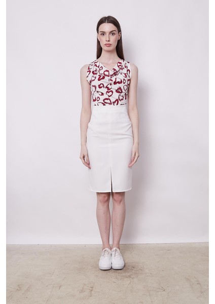 Kadın Yüksek Bel Önden Yırtmaçlı Hafif Likralı Şık Kumaş Diz Altı Ofis Kalem Etek-Krem