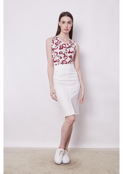 Kadın Yüksek Bel Önden Yırtmaçlı Hafif Likralı Şık Kumaş Diz Altı Ofis Kalem Etek-Krem fiyatları