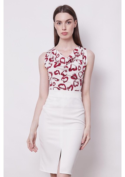 Kadın Yüksek Bel Önden Yırtmaçlı Hafif Likralı Şık Kumaş Diz Altı Ofis Kalem Etek-Krem modelleri