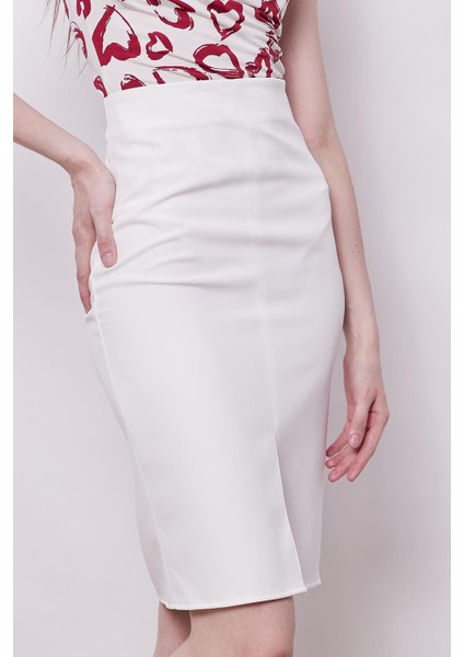 Kadın Yüksek Bel Önden Yırtmaçlı Hafif Likralı Şık Kumaş Diz Altı Ofis Kalem Etek-Krem indirimleri